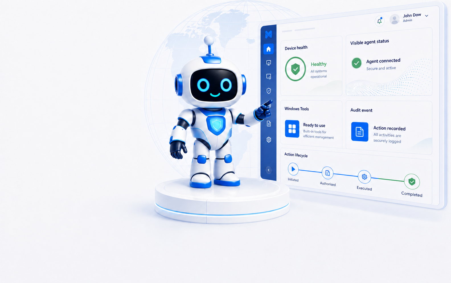 Friendly Myserver MS robot beside a production device dashboard and pale blue world watermark